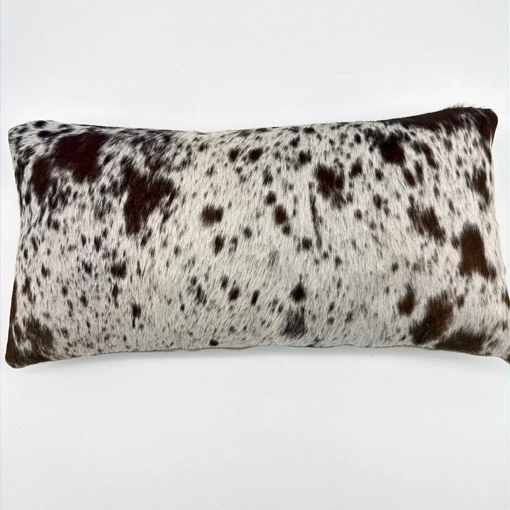 Cowhide Pillow Genuine Leather Lumbar Orangey Brown White Spotted Linen Back